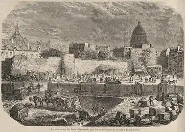 Anciens murs de Paris découverts par les démolitions de la place Saint-Michel vers 1860.