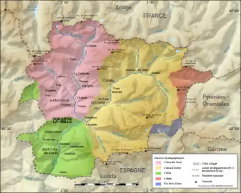 Carte des bassins hydrographiques d'Andorre montrant la discontinuité du bassin de la Gran Valira en vert en lien avec la périclave d'Os de Civís