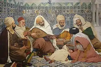 André Brouillet, L'Exorcisme : Musiciens arabes chassant les djinns du corps d'un enfant, 1884.