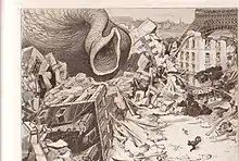 Un monstre muni d'une  tentacule géante détruit des bâtiments tandis qu'un homme prend la fuite