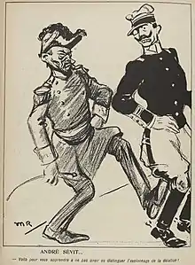 Dessin monochrome du général André en tenue militaire donnant un coup de pied à un officier.