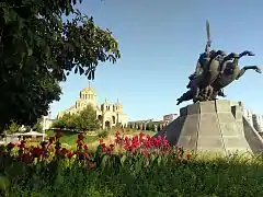 Saint Gregory Cathedral and the equestrian statue of Andranik.