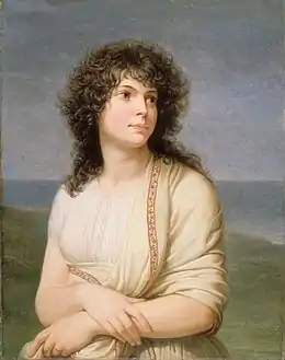 Portrait peint d'une femme aux cheveux bruns, longs et bouclés, elle porte une étole blanche sur une chemise blanche en croisant les bras.