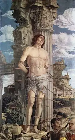 Andrea Mantegna, Saint Sébastien d'Aigueperse (1480), toile, 255 × 140 cm. Paris, musée du Louvre.