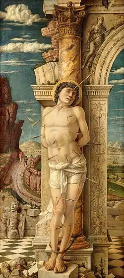 Andrea Mantegna, Saint Sébastien de Vienne (1456-1459), panneau, 68 × 30 cm. Vienne, Kunsthistorisches Museum.