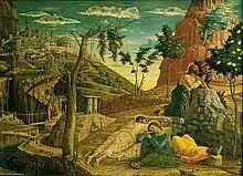 La Prière au Jardin des Oliviers selon Andrea Mantegna. L'œuvre fut réalisée entre 1455 et 1457. Elle fit l'objet d'un envoi  de l'état et est désormais exposée au musée des Beaux-Arts de Tours.