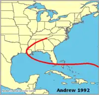 Trajectoire de l'ouragan Andrew en 1992.