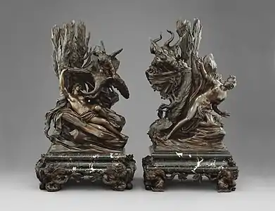 Andromède (mythologie) et le monstre marin, Léda (mythologie) et le cygne, bronzes de Massimiliano Soldani Benzi. 1725.
