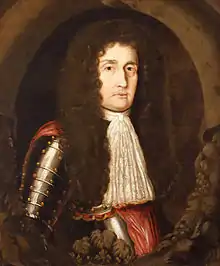 Peinture de trois-quart d'un homme portant une large perruque de cheveux châtains bouclés. Il porte une armure et un long foulard blanc plissé.
