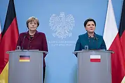 Angela Merkel et Beata Szydło, lors d'une conférence de presse commune en 2017.