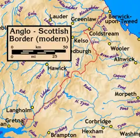 Carte de la frontière actuelle (en rouge) avec l'Angleterre au sud et l'Écosse au nord.