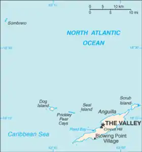 Carte du territoire britannique d'outre-mer d'Anguilla avec l'île d'Anguilla au sud-est.