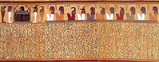 photo d'une scène d'un papyrus funéraire montrant des dieux