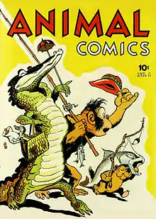 Couverture en couleur d'un comics montrant un crocodile, un singe et une marmotte revenant de la pêche