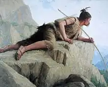 peinture représentant un homme habillé en peaux de bête tenant un arc à la main