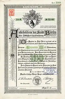 Emprunt de la ville de Berlin de 100 marks, émis le 1er octobre 1882, avec signature du maire v. Forckenbeck. L'objectif de l'emprunt était, entre autres, de couvrir les frais consécutifs à la construction de la ligne municipale de Berlin.