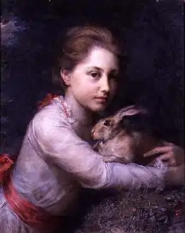 Portrait de Minna Sophia Farrer tenant un lapin, huile sur bois par Anna Merritt, 1878.