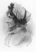 Dessin en noir et blanc, de profil, d'une femme portant un bonnet et une robe à collet monté