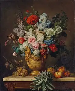 Nature morte au vase d’albâtre rempli de fleurs avec sur une table plusieurs espèces de fruits, comme ananas, pêches et raisins, 1783 (Washington, National Gallery of Art)