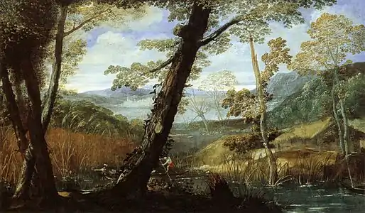 Paysage avec rivière, Annibale Carracci 1590. H. 89 cm. National Gallery of Art.