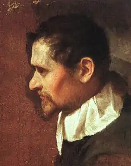 Peinture du profil gauche d'un homme brun portant moustache et barbiche, vêtu d'un habit noir et d'un large col blanc.