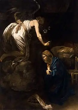 Peinture. Dans un intérieur sombre, l'ange arrive sur un nuage au-dessus de Marie agenouillée.