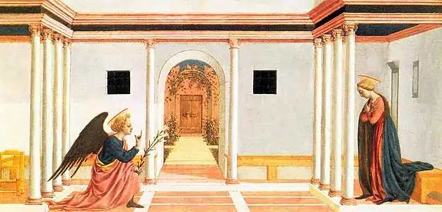 Peinture en longueur. L'ange à genoux face à Marie debout, de part et d'autre d'une allée s'éloignant jusqu'à une porte.