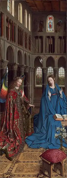 L'Annonciation de Jan van Eyck (v. 1434-1436). La polychromie des ailes de l'ange sont similaires.