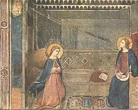 Tableau. L'ange est à genoux et Marie regarde vers la colombe.