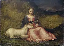 Tableau montrant une femme allongée en robe rose, une licorne repose sur ses genoux