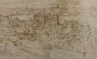 Gravure sépia montrant une cathédrale entourée de maisons.