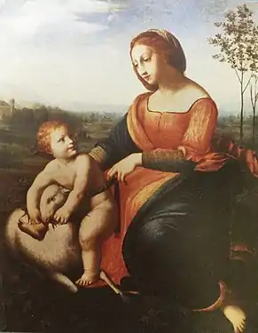 Peinture représentant un groupe formé par une femme assise tournée vers un enfant chevauchant un agneau.
