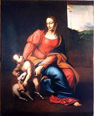 Peinture représentant un groupe formé par une femme assise tournée vers un enfant chevauchant un agneau.