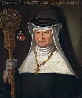 La Mère Eufemia Szaniawska, abbesse du monastère bénédictin à Nieśwież tenant en main la crosse abbatiale, vers 1768, Musée national de Varsovie.