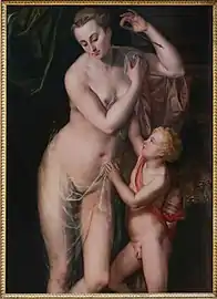 Anonyme Anversois. Vénus et l'Amour. Huile sur bois, 16e siècle