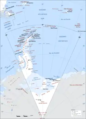 Carte détaillée de l'Antarctique argentine, entre les méridiens 25º W et 74º W, comprenant les îles de l'Atlantique Sud
