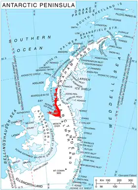 {Carte de la péninsule Antarctique permettant de localiser la côte de Fallières.