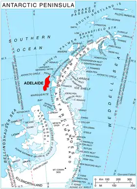 Carte de localisation de l'île Adélaïde où figure au nord le détroit de Matha