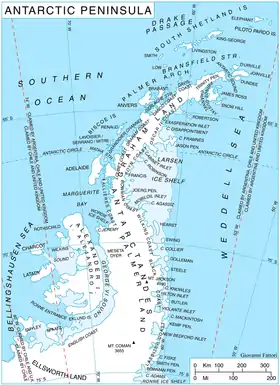 Carte des Antarctandes au sein de la péninsule Antarctique.