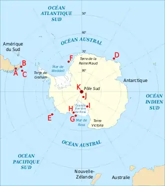 Positions des records de « Sud le plus loin » de 1521 à 1911.