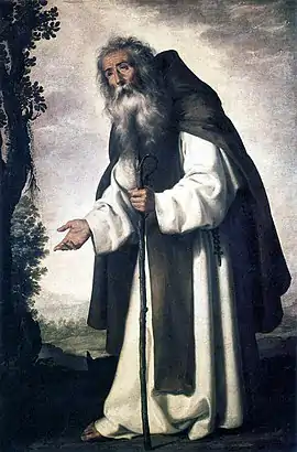 Tableau d'un vieil homme barbu et courbé, tenant à la main un bâton.
