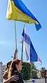 Le drapeau d'État de l'Ukraine et le drapeau de protestation russe
