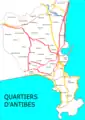 Carte des quartiers d'Antibes.