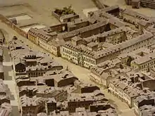 Détail de la maquette de Madrid. Calle de Fuencarral avec le pâté de maisons constituant l'Hospice royal Saint-Ferdinand, aujourd'hui Musée d'histoire.