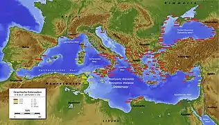 La Méditerranée au VIe siècle av. J.-C. En jaune : les cités phéniciennes. En rouge : les cités grecques. En gris : les autres cités.