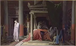 Photographie en couleurs d'un tableau représentant dans un intérieur antique richement décoré et coloré un homme allongé, malade, son médecin, et dans un halo de lumière blanche, à gauche, une jeune femme habillée de blanc.