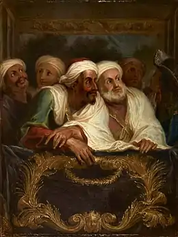Tableau représentant un groupe d'hommes assis dans une loge de théâtre.