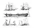 Despatch schooner - 16-gun brig - English troopship - barge under sail - small sailing boat Goélette aviso - Brick de 16 canons - Transport anglais - Péniche à la voile - Petit canot