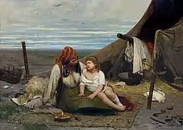 Huile sur toile. Une femme assise à même le sol tient sur ses genoux, devant une tente, un enfant aux cheveux clairs.