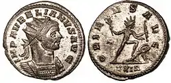 Monnaie de l'empereur romain Aurélien, 274-275 : Aurélien et Sol Invictus portent une couronne rayonnante.